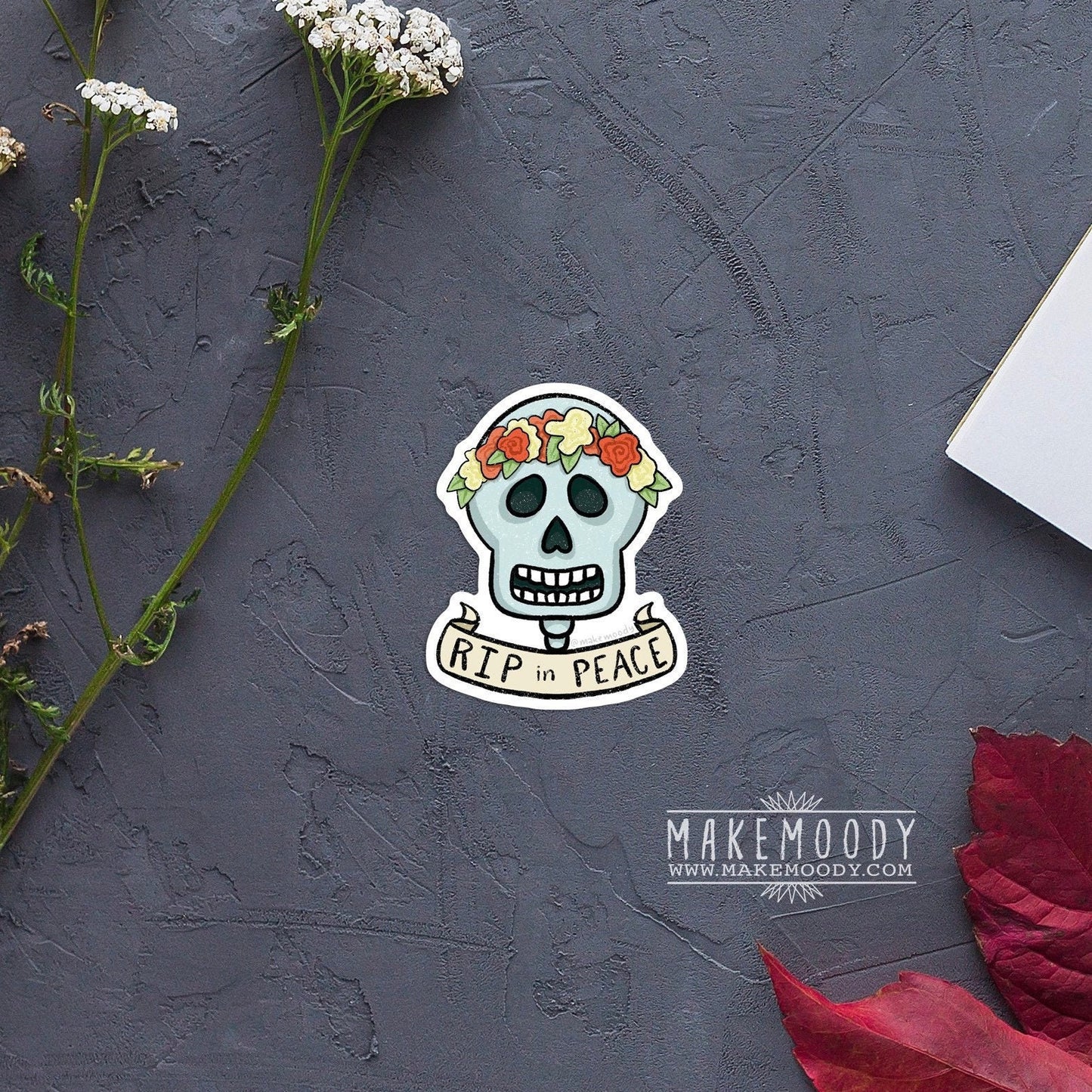 RIP in Peace Skull STICKER - Vinyl Decal Sticker - Skull Sticker, Halloween Sticker, Spooky Sticker, RIP Sticker, Skull Flower Crown Sticker