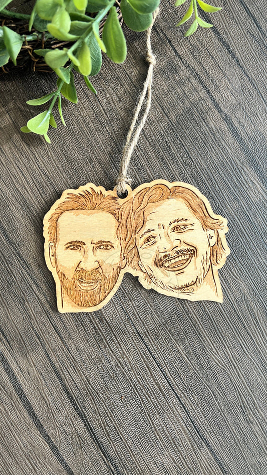 Pedro Pascal Nicolas Cage Meme ORNAMENT - Christmas Ornament- Meme Ornament, Pedro Pascal, Nicolas Cage, Unbearable Weight of Massive Talent